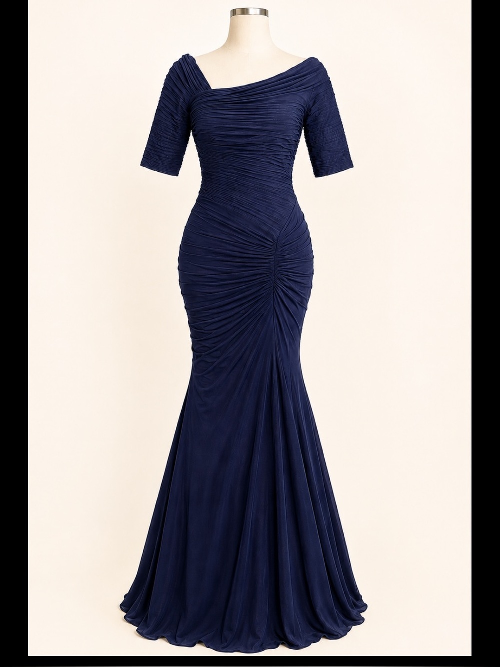 Tadashi Shoji Midnight Navy Sculpted Mermaid Gown XS Ruched Off-Shoulder Formal - Picture 2 of 9